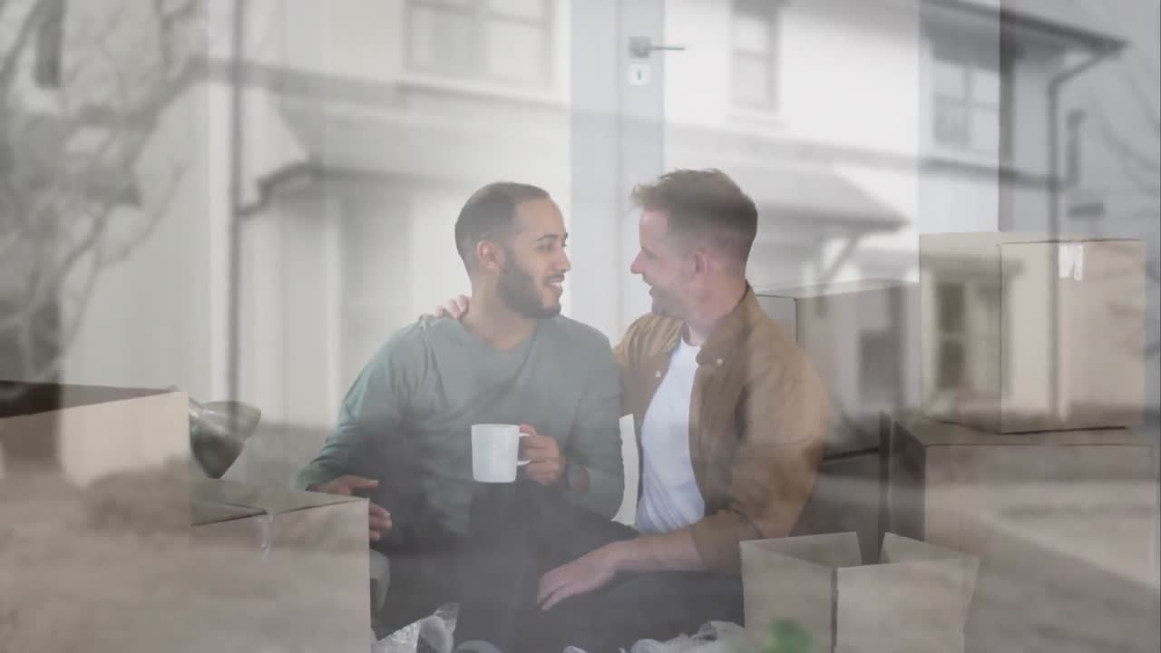 다양한 남성 커플이 집을 옮기는 동안 집의 애니메이션