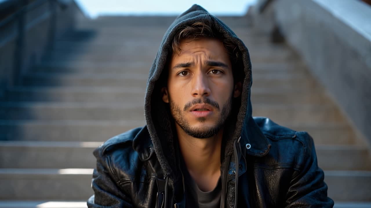 Young man in hooded jacket sits alone on stairs. He looks down, hand on forehead, appearing stressed or thoughtful. Light filters through the scene, highlighting his weary expression