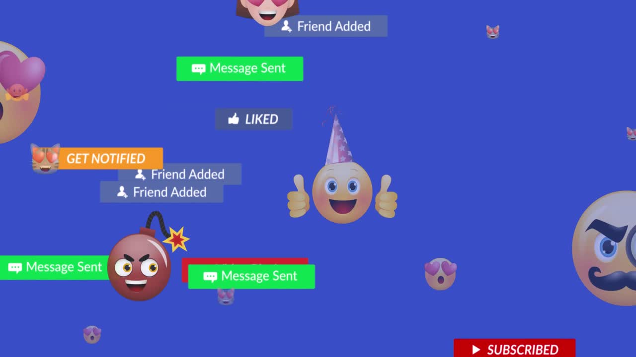 파란색 배경 위에 떨어지는 소셜 미디어 아이콘과 이모티콘의 애니메이션