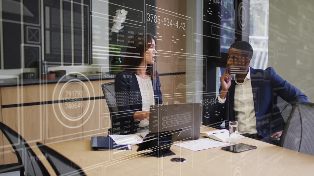 Business data analytics animation over diverse colleagues discussing in modern office