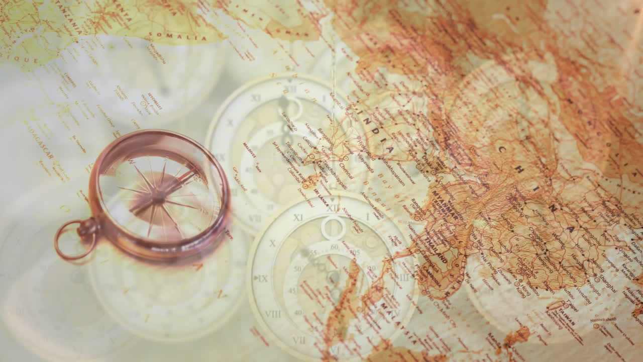 Overlaying animation, vintage compass and old map with clock face elements