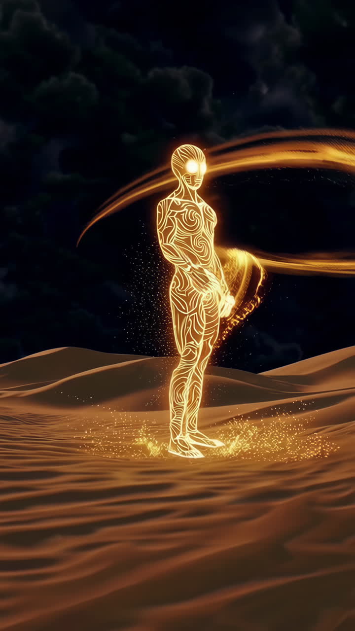 Figura luminosa in un paesaggio desertico