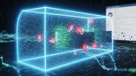 visual representation of cybersecurity threats: a 3d illustration showcasing malware and network vulnerabilities in a digital environment