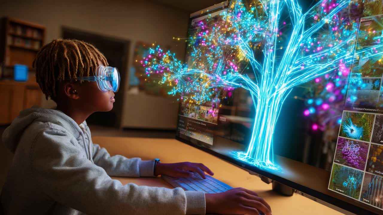 A young boy in virtual reality goggles interacts with a vivid, glowing tree visualization on a monitor, showcasing the fusion of technology and imagination in digital creativity