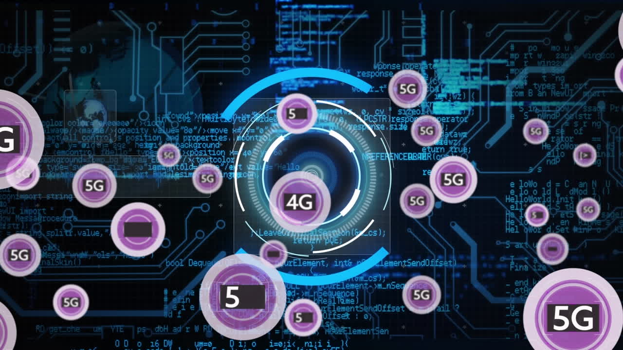 animación del texto 5g, el alcance y el procesamiento de datos sobre la cuadrícula