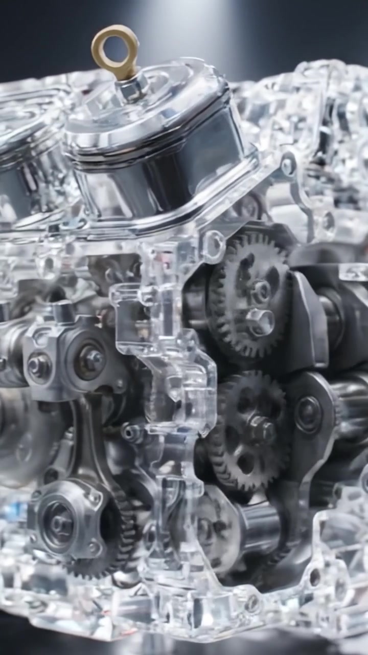 Design intricato di un motore trasparente: una prospettiva ravvicinata sulla meccanica e sui componenti di un moderno motore ad alte prestazioni che mostra chiarezza e precisione.