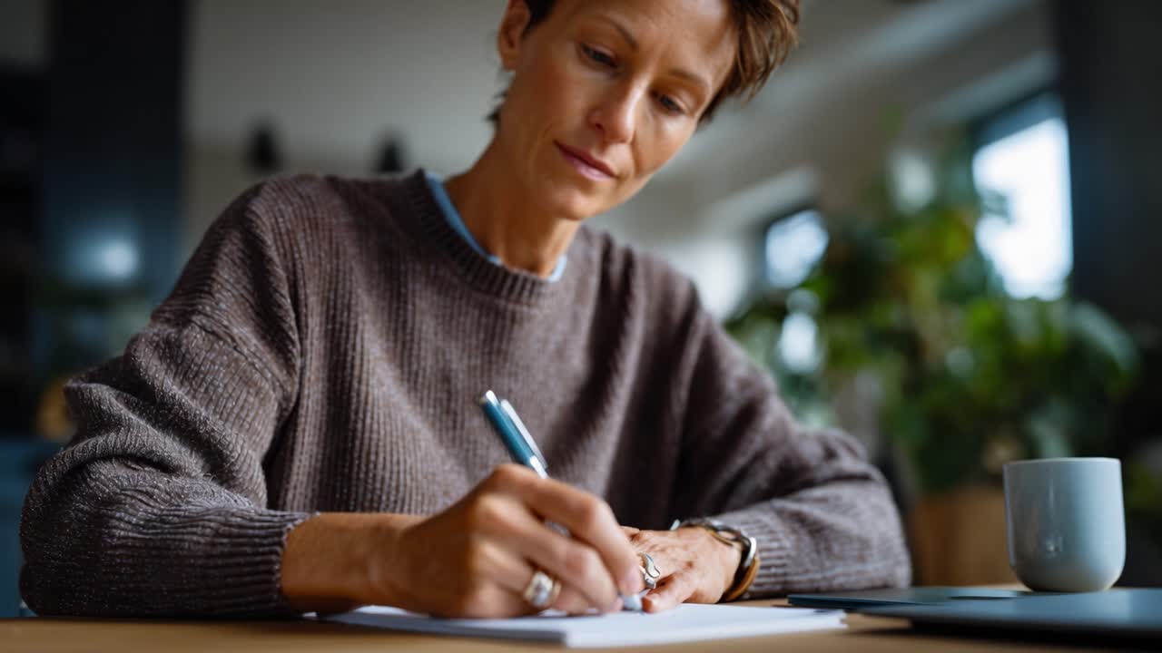Focused Individual Engaged in Writing Activity in a Cozy Indoor Environment, Demonstrating Concentration and Creativity Through Handwritten Notes