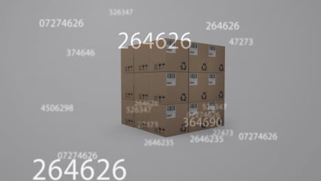 animación de números cambiando sobre una pila de cajas de cartón en el fondo
