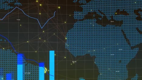 Animación-De-Líneas-Azules-Y-Procesamiento-De-Datos-Sobre-El-Mapa-Mundial-Y-La-Cuadrícula