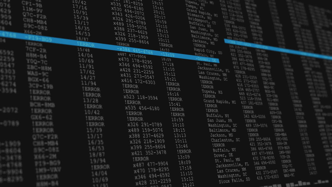 Animation of data processing on black and blue computer screen