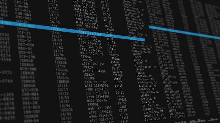 Animation of data processing on black and blue computer screen