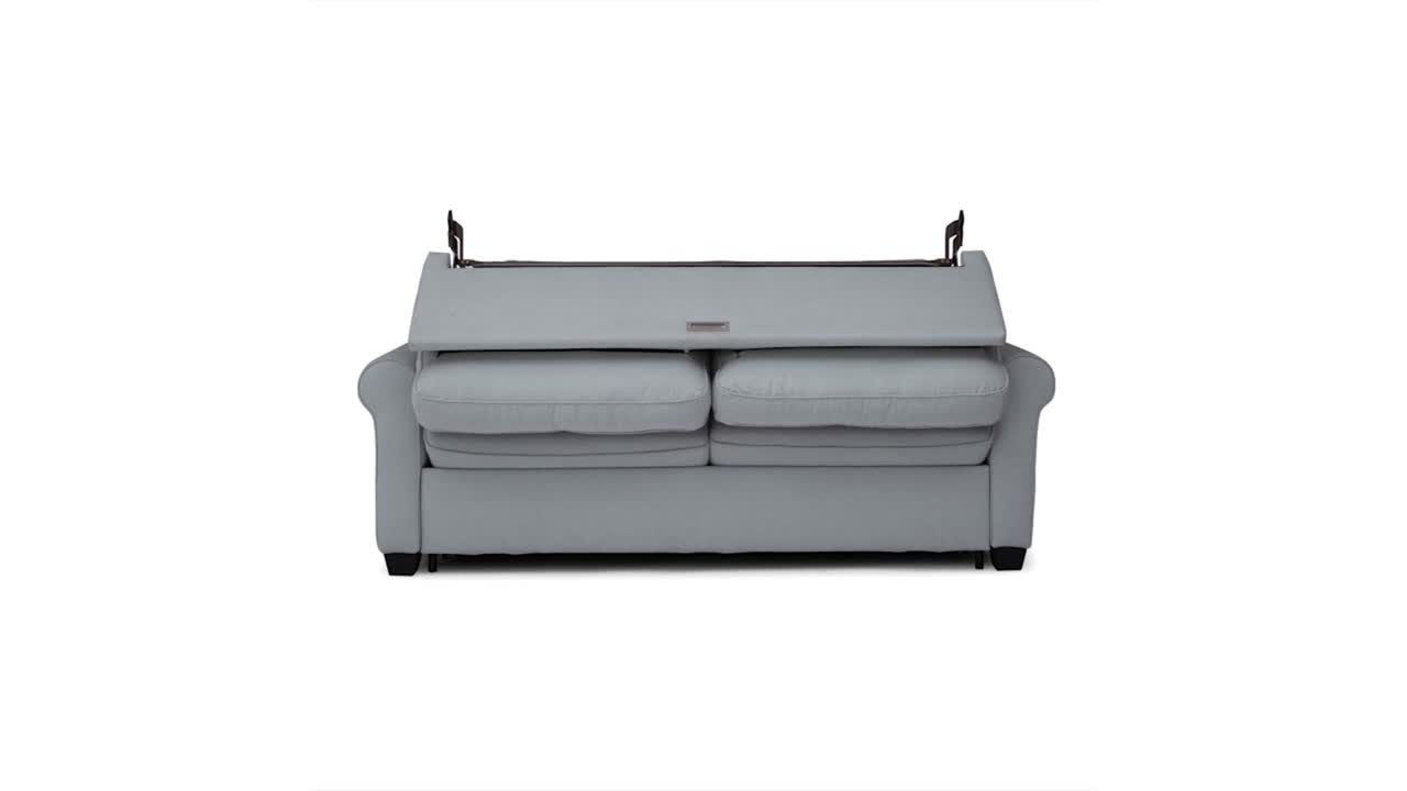 un stop motion que repite una toma de lapso de tiempo en bucle de un fondo blanco gris que se pliega para ocultar un mueble de cama, un sofá, un sillón de amor