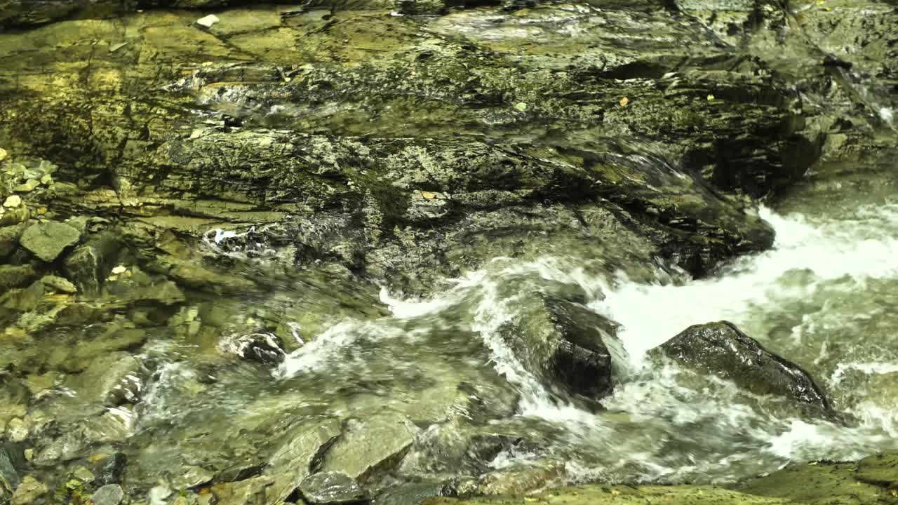 un relajante flujo de agua cae en cascada sobre piedra en un antiguo bosque en el reino unido