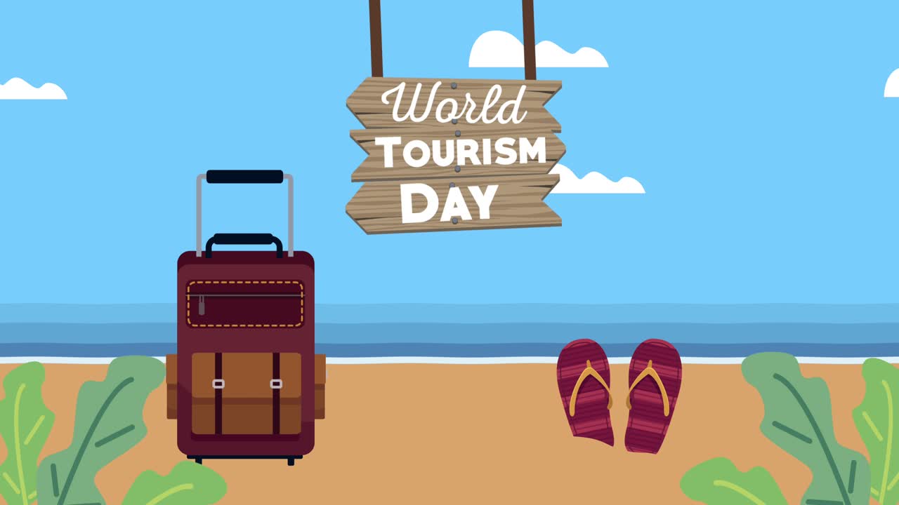 세계 관광의 날: 목조 라벨과 해변에 글자
