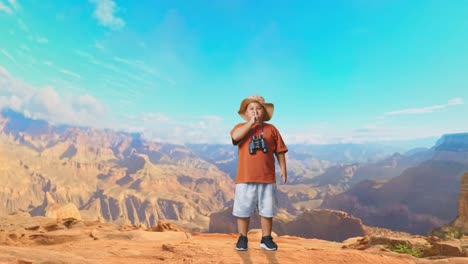 asian boy with a hat looking through binoculars then making shh gesture while traveling at the top of mountain. boy researcher examines something, travel tourism adventure concept, full body