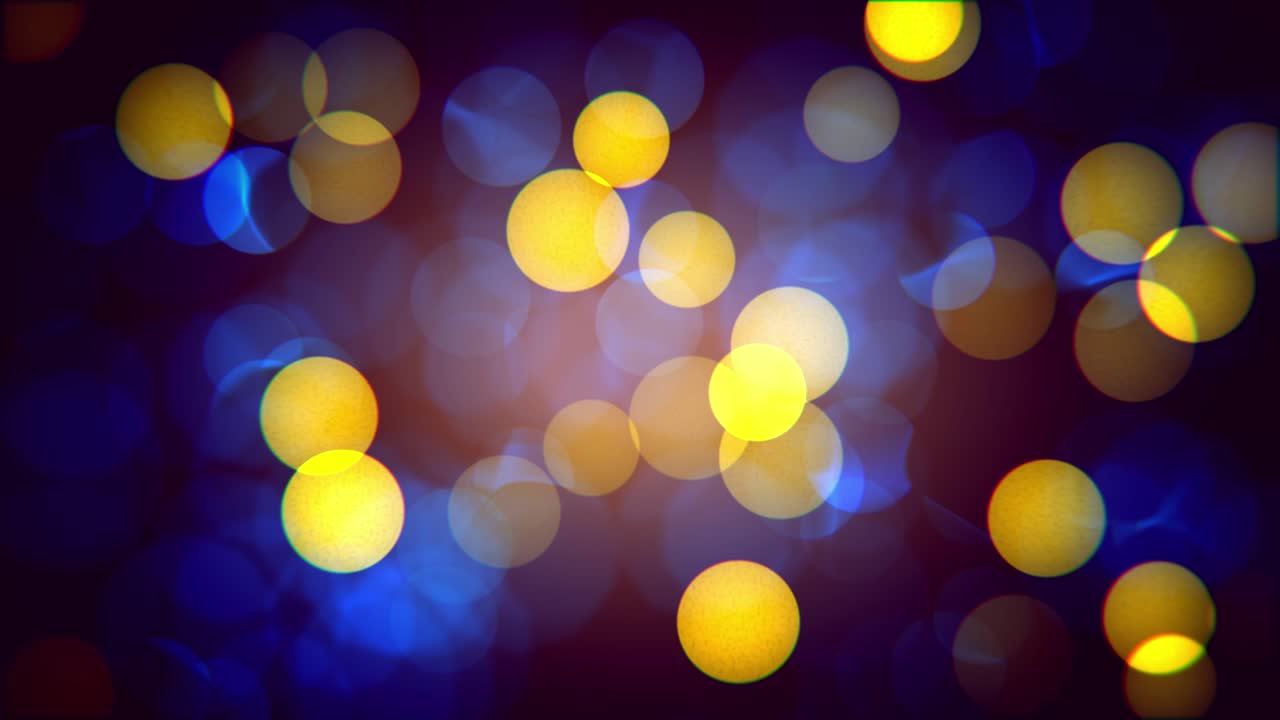 animación abstracta digital bokeh azul y amarillo luces borrosas moviéndose sobre fondo negro