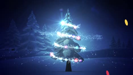 Animation-of-light-spots-over-christmas-tree-and-winter-landscape