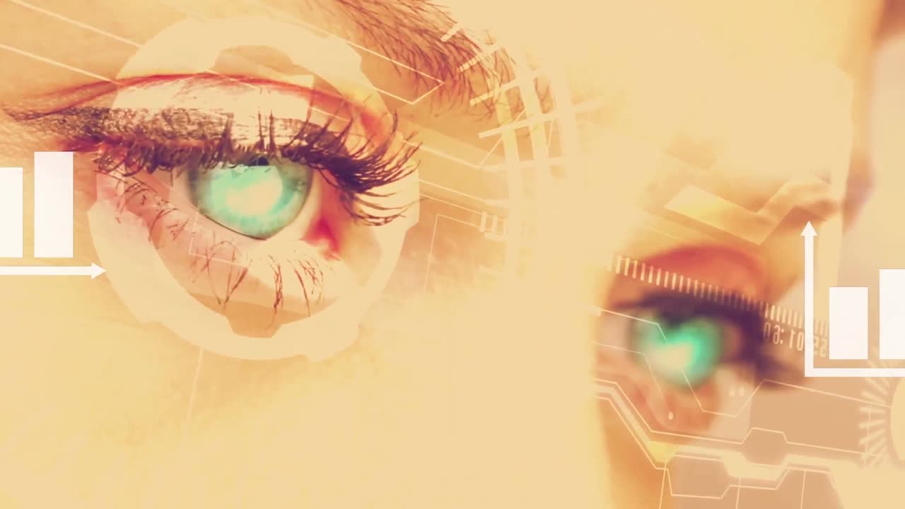 Animation of scope, statistics, network of data processing over woman's eye