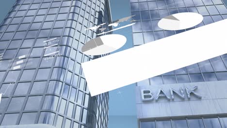 Animation-of-infographic-interface-over-low-angle-of-bank-text-on-modern-building-against-sky