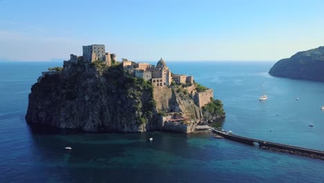 Drone-footage-of-castle-aragonese-in-ischia,-italy