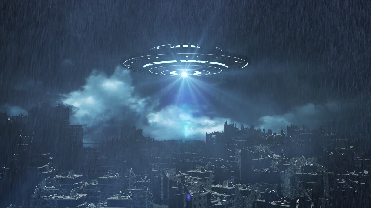 UFO over en ødelagt by i en storm