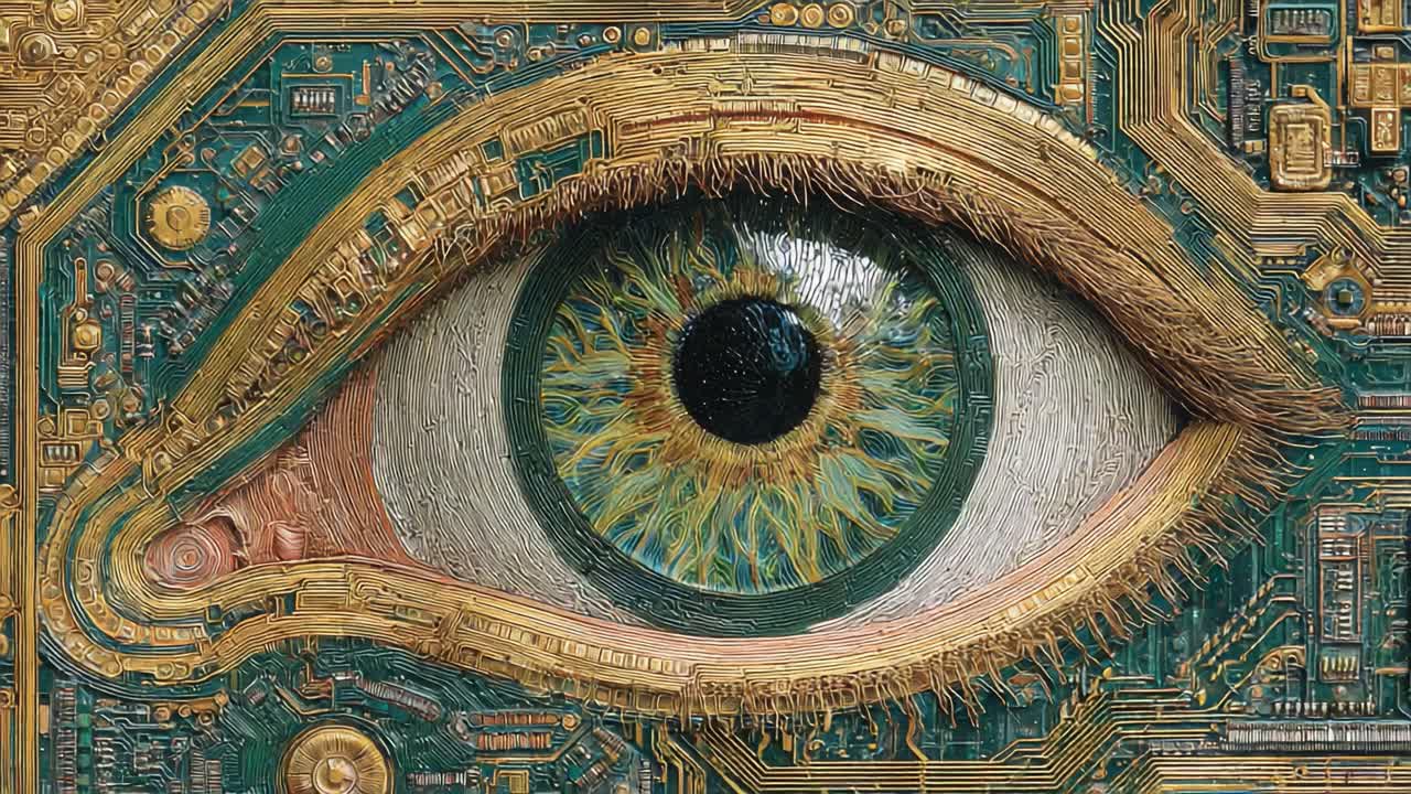 A Surreal Eye Embedded in a Complex Circuit Board, Blending Organic and Technological Elements in an Unmistakable Display of Artistry