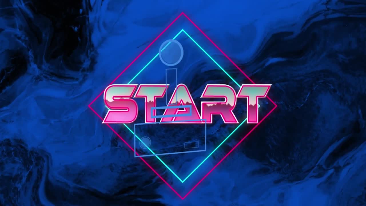 Animation of start text over neon shape and blue swirls