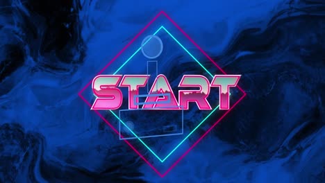 Animation-of-start-text-over-neon-shape-and-blue-swirls