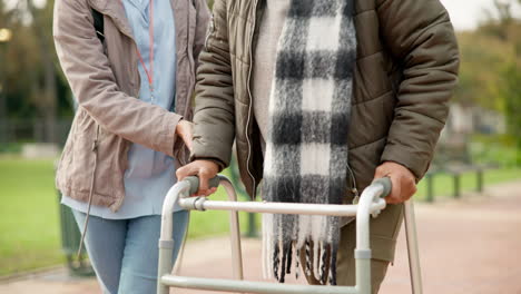 nurse, support and walker with hands of old woman