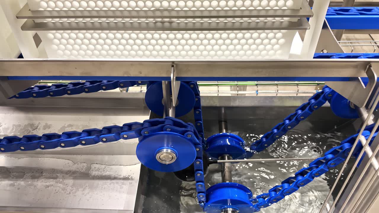 Industrial conveyor chain system submerged in water tank for washing or transport purposes