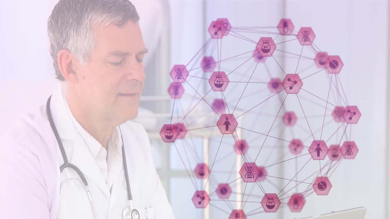 mundo de la red de conexiones contra el médico masculino usando computadora portátil