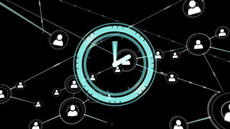 animation of neon ticking clock over network of profile icons against black background