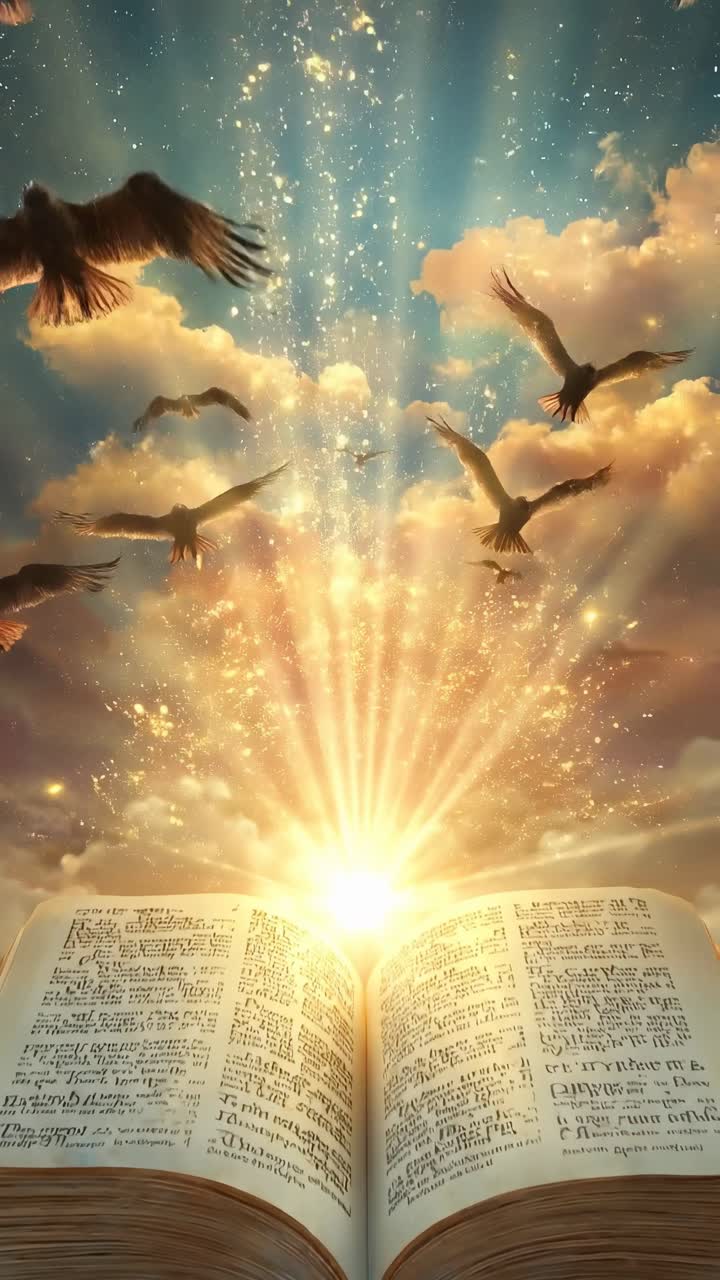 Un libro mistico aperto con raggi di luce, ripreso dal basso, che ricorda una scena video fantasy
