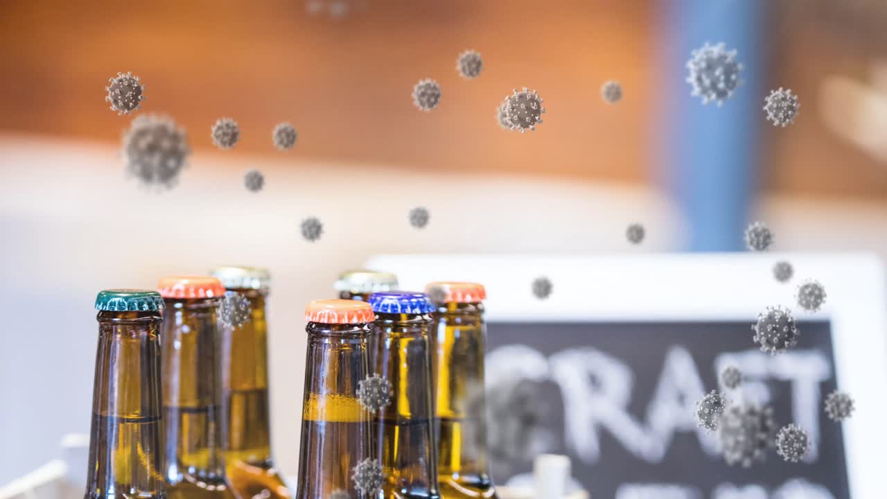 빈 바 위에 떠다니는 코로나19 세포의 애니메이션