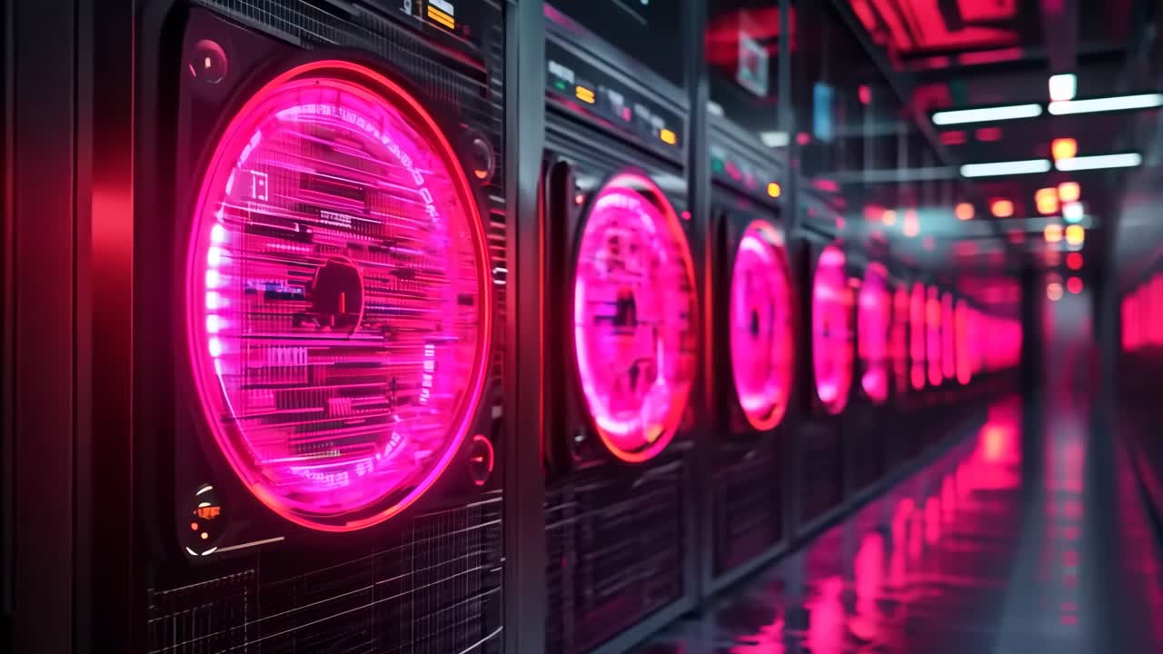 una fila de servidores en un centro de datos con luces rojas