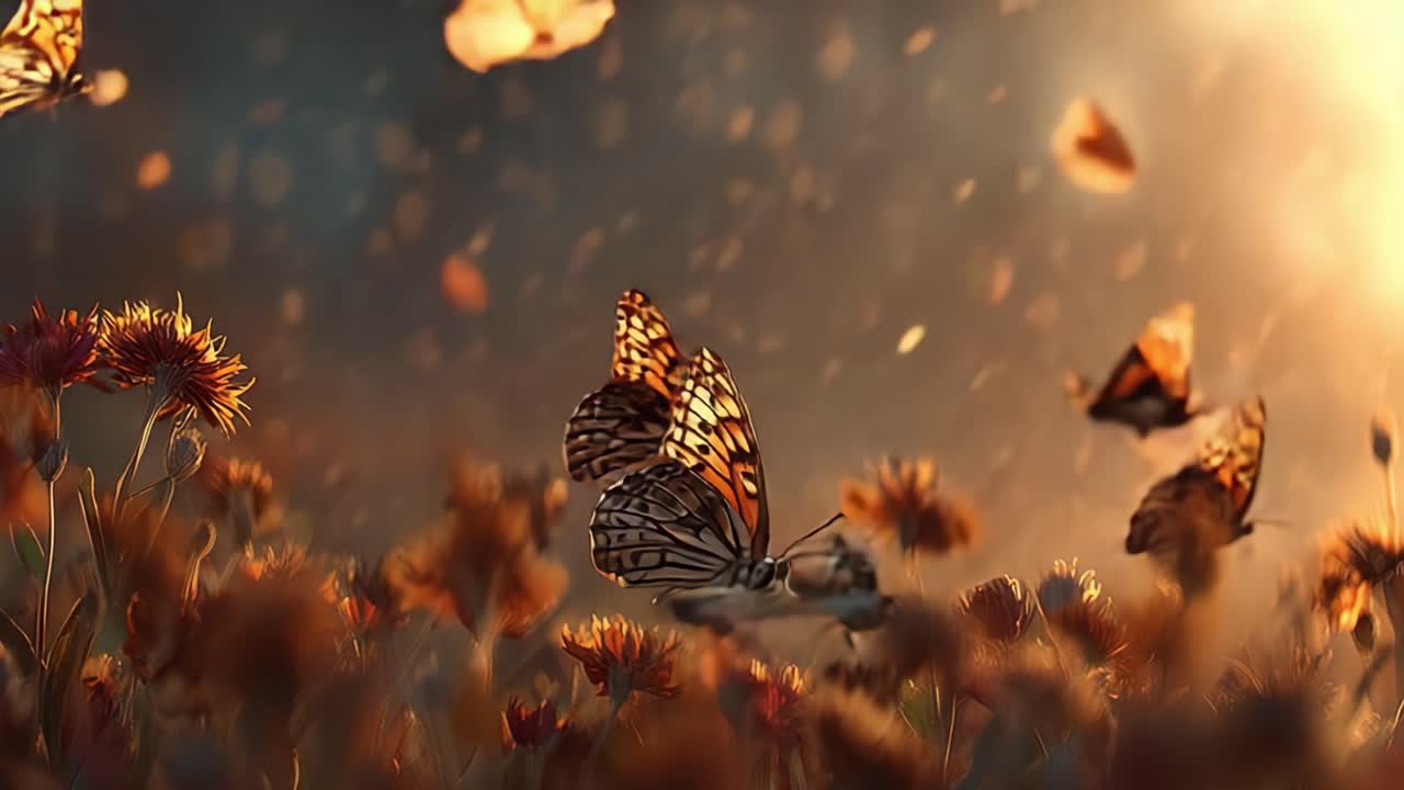 A mesmerizing scene of butterflies dancing amidst vibrant flowers, illuminated by soft sunlight, showcasing nature's beauty and the delicate ballet of life in a serene environment