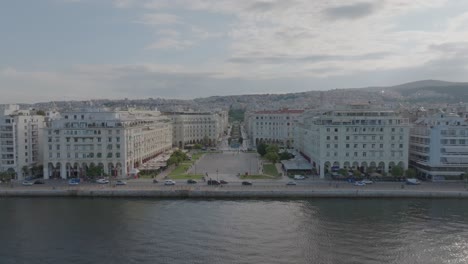 drone shot of aristotelous square in thessaloniki, greece on a bright day