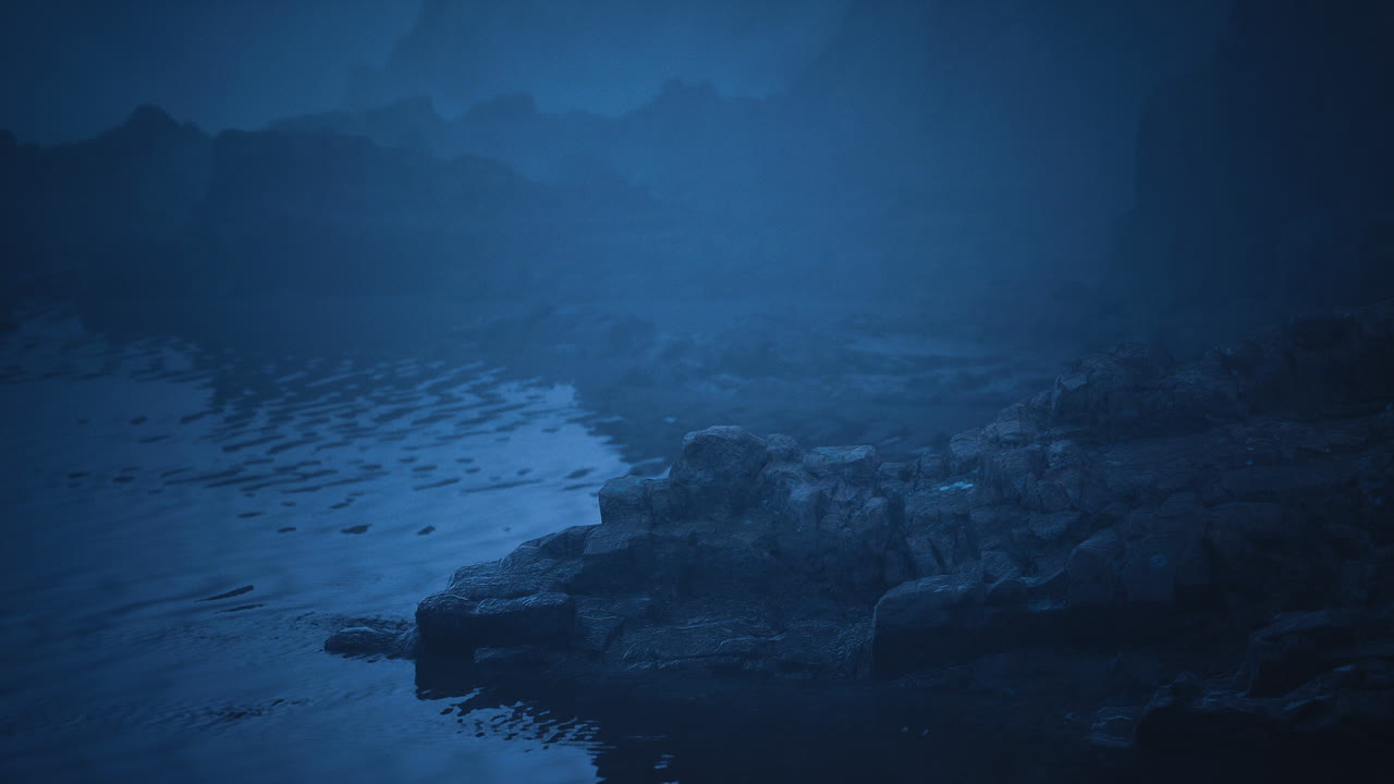 costa oscura con formaciones rocosas bajo una atmósfera azul brumosa