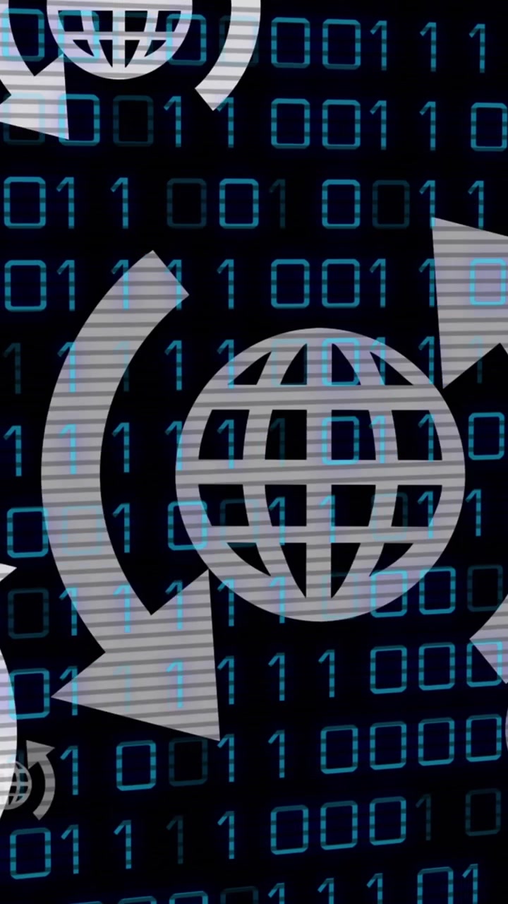 Animation of arrow around globes over looping binary codes against black background