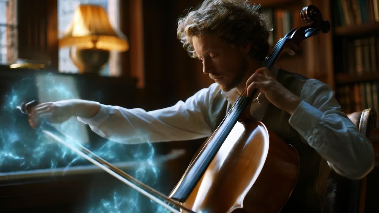 A skilled musician captures the beauty of sound as he performs on a cello, intertwining magic and music in a graceful and enchanting moment filled with creativity and passion