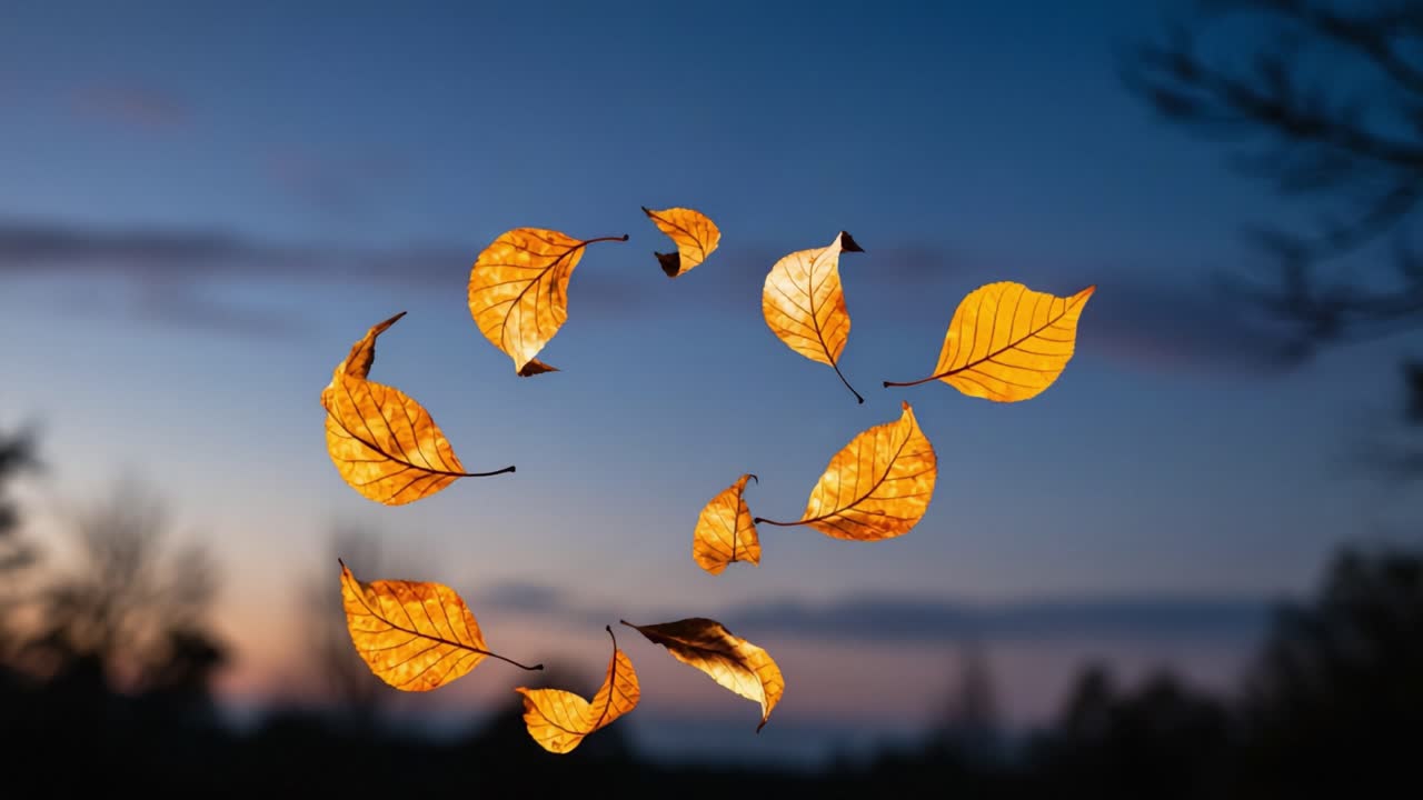 A Captivating Sequence of Floating Leaves at Sunset: Nature's Artistry in Motion Showcasing the Beauty of Autumn While Suspended in Midair
