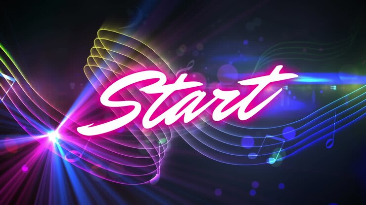 Animation of start text over neon shapes on black background