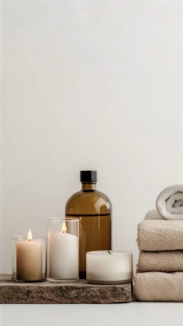 Concept de vidéo esthétique d’un spa confortable avec des bougies, de l’eucalyptus dans un vase et une bouteille