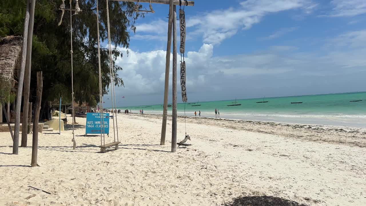 Wooden Swing Hanging Over White Sand on Paje Beach Zanzibar Tanzania Tropical Paradise