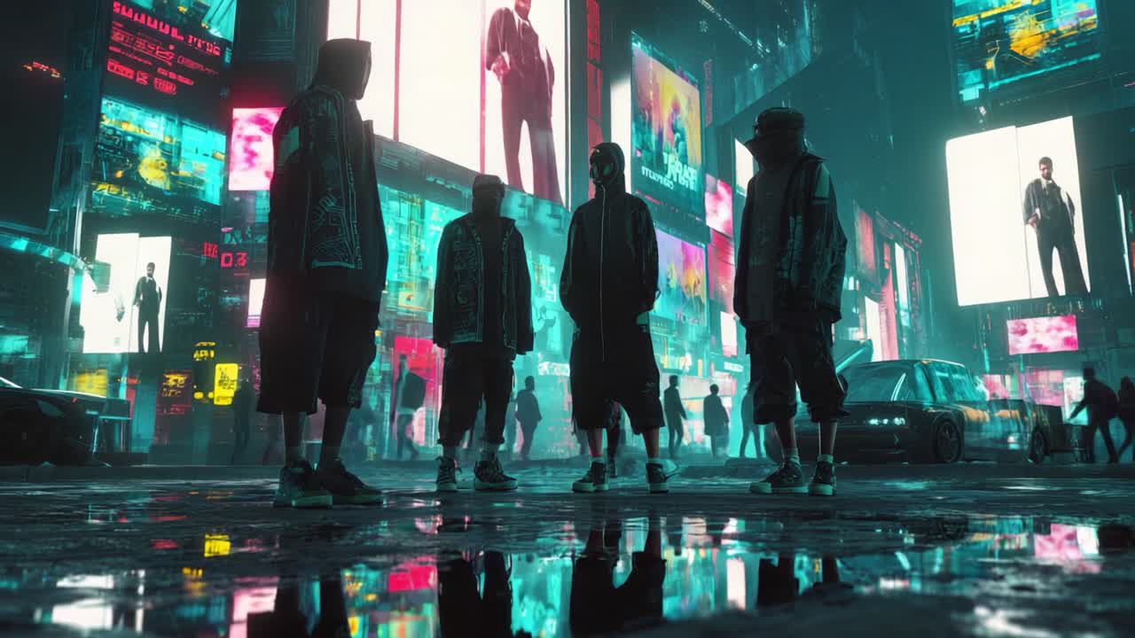 Cyberpunk Cityscape with People in a Futuristic Urban Environment