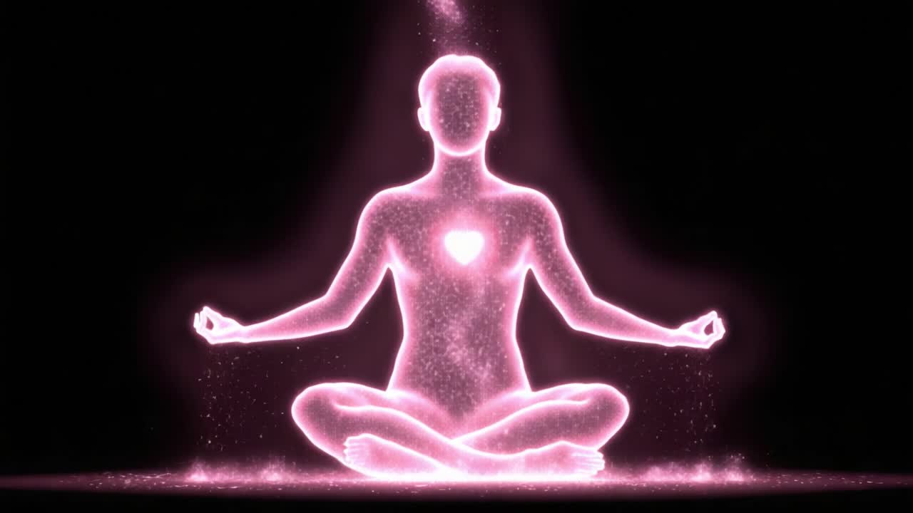 Rappresentazione eterea di una figura meditativa che evidenzia la pace interiore e l'energia del cuore attraverso una spettacolare esibizione di luce e particelle.