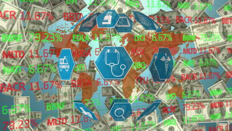 video compuesto digital de billetes de dólares estadounidenses e iconos médicos que se mueven contra los datos del mercado de valores
