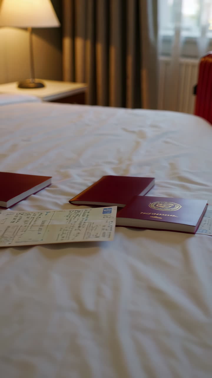 Hotel Room with Documents on Bed