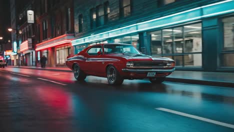 red muscle car driving on a wet city street at night