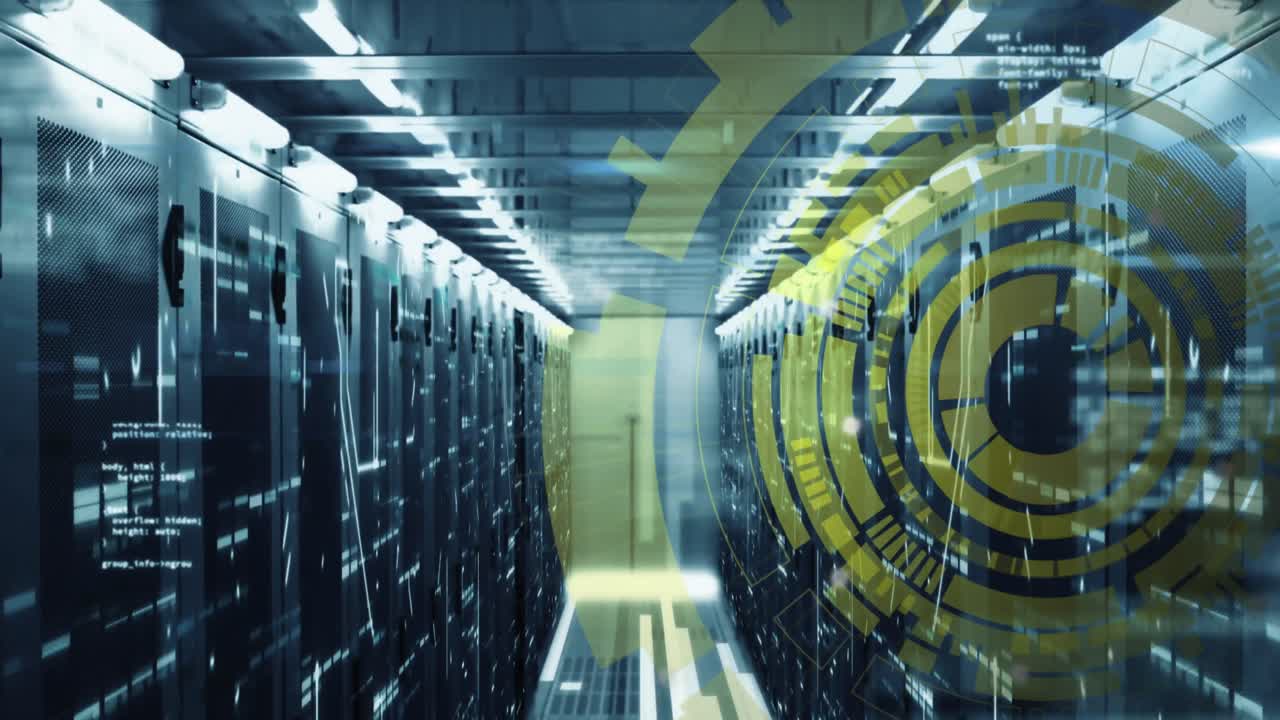 animación de círculos de carga y lenguaje informático sobre barras en bastidores de servidores de datos